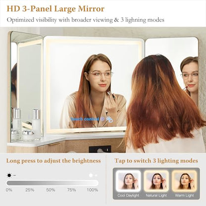 48" Corner Makeup Vanity with Lighted Triple Mirror, Natural Oak, view 5