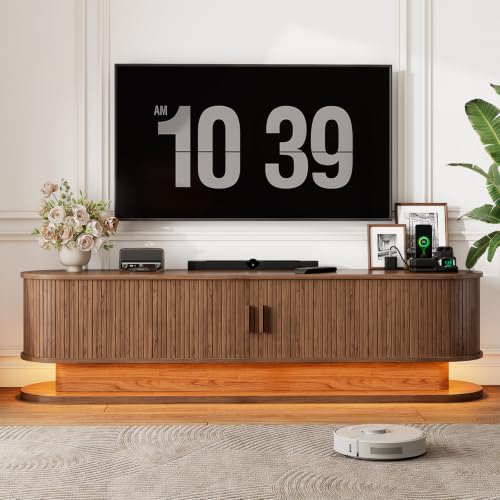 70" TV Stand Up to 80 Inch, Fluted Media Console Cabinet Walnut, view 2