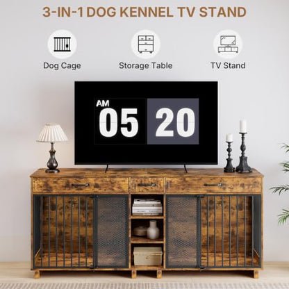 82" Double Dog Crate Furniture with Drawers and Shelves, Brown, view 5