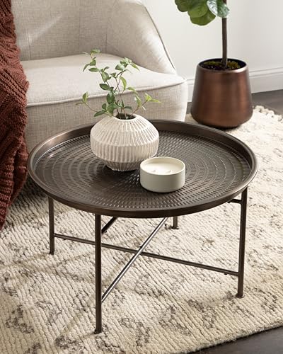 Mahdavi Modern Round Outdoor Coffee Table; 25 x 25 x 16; Bronze; Transitional Patio Coffee Table with Textured Top for Outdoor Furniture Decor