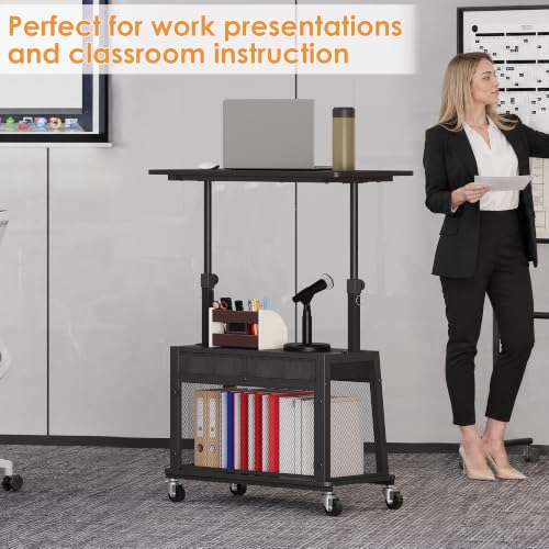Height Adjustable Standing Desk on Wheels with Drawer, computer desk Black, view 3
