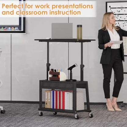 Height Adjustable Standing Desk on Wheels with Drawer, computer desk Black, view 3