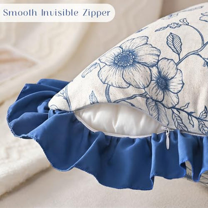 Floral Linen Throw Pillow Covers 18x18 Inches Set of 2, Farmhouse Decorative Couch Pillow Covers with Ruffle, French Country Throw Pillowcases Soft Cushion Covers for Sofa Bed Living Room, Blue