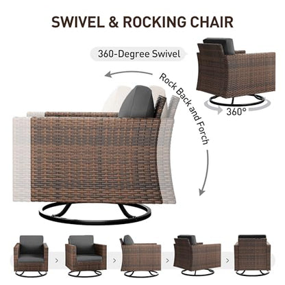 Patio Furniture Set, 5 Pieces Outdoor Conversation Sets with Rocking Swivel Chairs, Wicker Rattan Outdoor Sofa Set with Storage Table and Waterproof Covers for Backyard, Deck, Porch, Grey