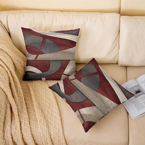Abstract Spiral Throw Pillow Covers 18x18 Inch Set of 2 Retro Burgundy Red Gray Geometric Stripes Lines Cushion Covers for Teens Men Women Modern Simple Style Cushion Cases for Living Room Couch