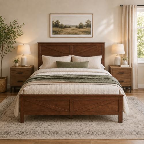 Queen Size Farmhouse Platform Bed Frame with Barn Door Headboard and Footboard, view 2