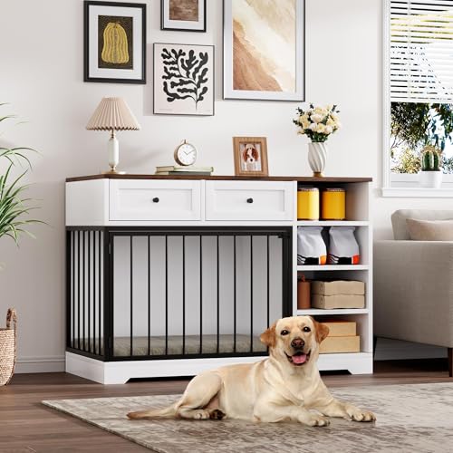 Wooden Dog Crate Furniture, Indoor Dog Kennel TV Stand with Storage, White, view 2