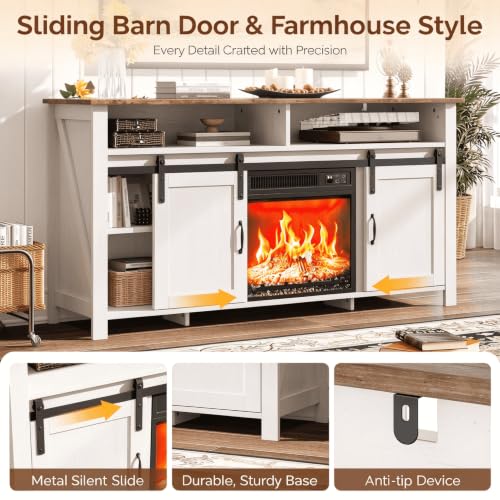 58" Fireplace TV Stand with Barn Doors for 65" TVs, 1 Package, White, view 6