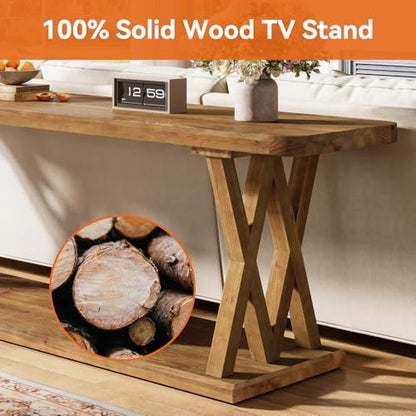 63-Inch Solid Wood TV Stand for 50/55/60/65/70/75-Inch TVs, Farmhouse Entertainment Center with Storage Shelf, Low Media Console Television Stands for Living Room, Bedroom