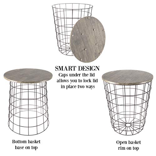 End Tables Set of 2 - Nesting Tables with Removable Wood Tops and Metal Basket Bases for Blanket Storage - Round Side Furniture for Living Room, Bedroom, or Home Office by (Gray/Black)