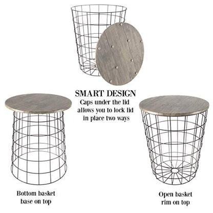 End Tables Set of 2 - Nesting Tables with Removable Wood Tops and Metal Basket Bases for Blanket Storage - Round Side Furniture for Living Room, Bedroom, or Home Office by (Gray/Black)