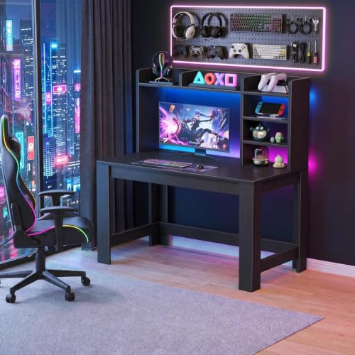 43" Black Gaming Desk with Hutch and Built-in Power Outlet, view 3