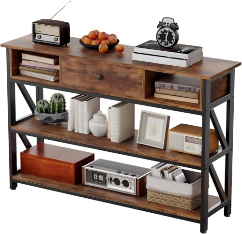 Console Table with Drawer Shelves, Entryway Table with 3 Tier Storage Shelves, Industrial Wood Hallway Sofa Table for Living Room, Couch, Foyer, Kitchen Counter, 47 Inch Rustic Brown