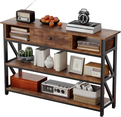 Console Table with Drawer Shelves, Entryway Table with 3 Tier Storage Shelves, Industrial Wood Hallway Sofa Table for Living Room, Couch, Foyer, Kitchen Counter, 47 Inch Rustic Brown