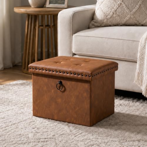 Folding Ottoman with Storage in Brown faux leather, view 2
