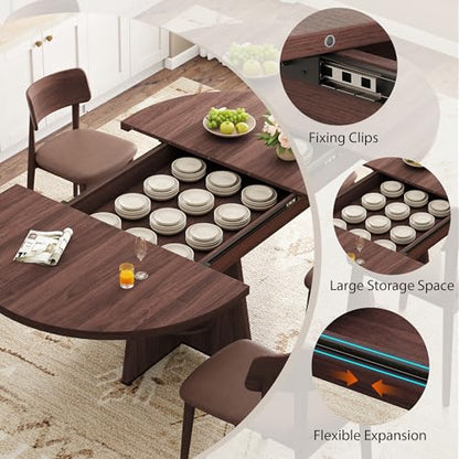 Extendable Dining Table, Round Kitchen Dining Room Dinner Table with for 4 6 8 People, Space Saving Modern Oval Expandale Furniture with Storage and Pedestal for Kitchen Living Room (Brown)