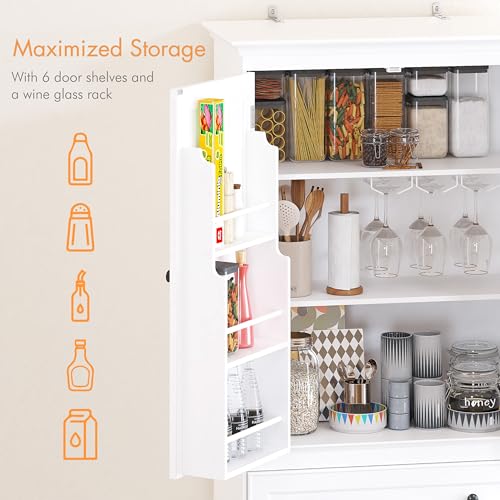 71'' Tall Kitchen Pantry Cabinet, Wood Food Pantry Cabinet with Drawers and Wine Glass Rack, Freestanding Storage Cabinet for Kitchen, Living Room, Dining Room, White