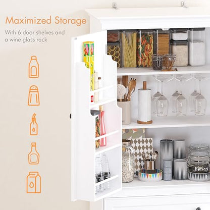 71'' Tall Kitchen Pantry Cabinet, Wood Food Pantry Cabinet with Drawers and Wine Glass Rack, Freestanding Storage Cabinet for Kitchen, Living Room, Dining Room, White