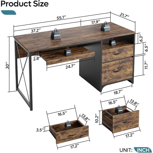 Office Desk with Drawers, 55 inch Industrial Computer Desk with Storage, view 4