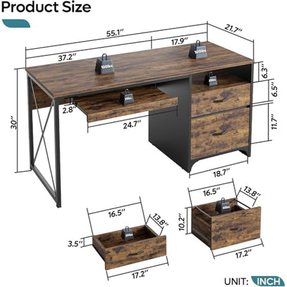 Office Desk with Drawers, 55 inch Industrial Computer Desk with Storage, view 4