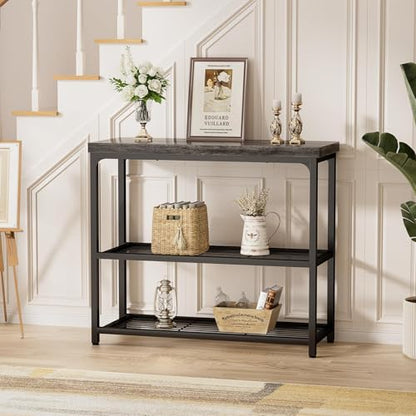 32" Small Console Table with 3-Tier Storage, Industrial Narrow Entryway Table, Sofa Table Behind Couch for Hallway, Foyer & Living Room, Sturdy Metal Frame, Oak Grey