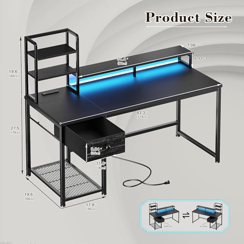 44" Gaming Desk with Hutch and Drawers,Black, view 4