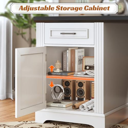 Farmhouse 69" Executive L Shaped Desk, Home Office Desk with Drawers and Storage Cabinet & Power Outlet, Corner Computer Desk, White