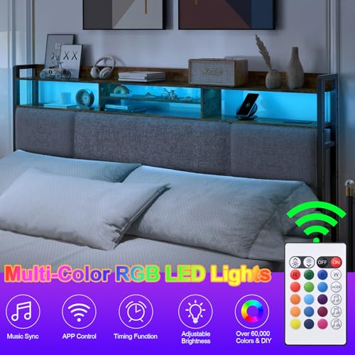 King Size Upholstered Headboard with 2 Outlets and LED Lights, view 6