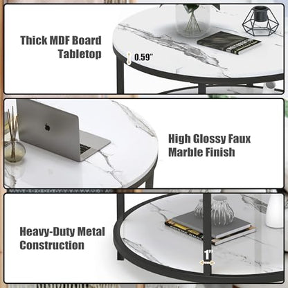 Round Coffee Table 33.5" Coffee Tables for Living Room High Glossy Faux White Marble Top Modern Circle Table Sturdy Metal Frame Legs Cocktail Table with Storage Open Shelf