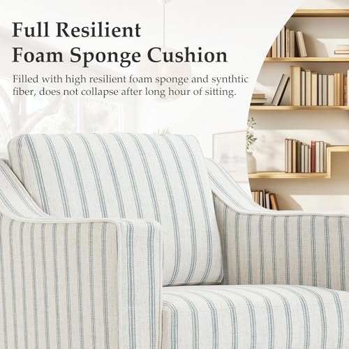 Swivel Accent Chair, 360° Swivel Upholstered Club Armchairs for Living Room, Comfy Fabric Single Sofa Reading Chair with Deep Seat, Metal Swivel Base, Pinstripe Light Blue