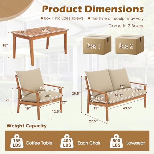 4 Pieces Patio Furniture Set, Outdoor Acacia Wood Conversation Set with Soft Cushions and Coffee Table, Outdoor Sectional Sofa Set for Lawn, Garden, Backyard and Poolside (1, Natural)