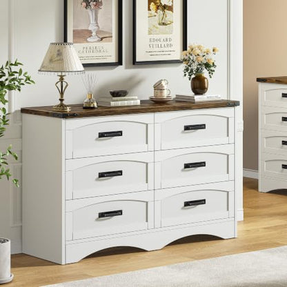 47" Farmhouse 6-Drawer Dresser for Bedroom, Pure White + Walnut, view 4