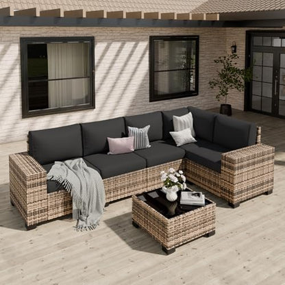 Patio Furniture Set, Wide Armrest Outdoor Furniture Set with Thick Cushions, 6 Piece Wicker Rattan Patio Sectional Sofa for Backyard, Poolside, Garden