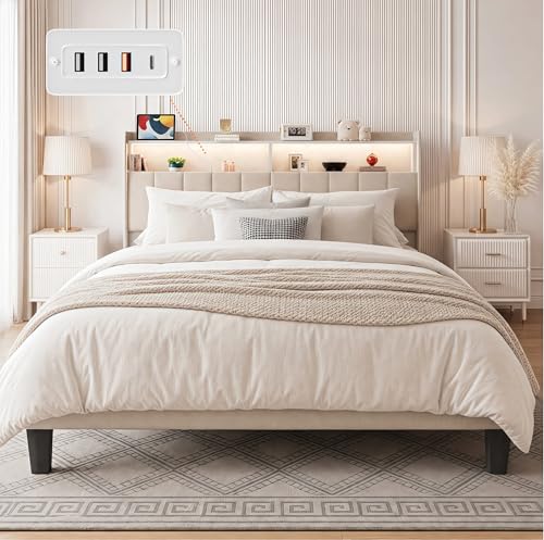 Queen Size Bed Frame with Headboard & Charging Station, view 2