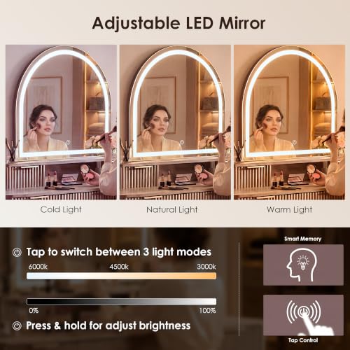 55.7" Fluted Vanity Desk with Arched Mirror, Modern Makeup Vanity, Oak, view 5