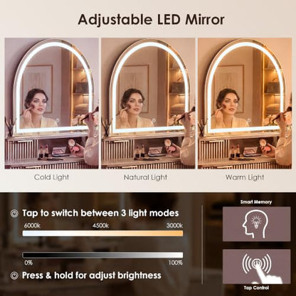 55.7" Fluted Vanity Desk with Arched Mirror, Modern Makeup Vanity, Oak, view 5