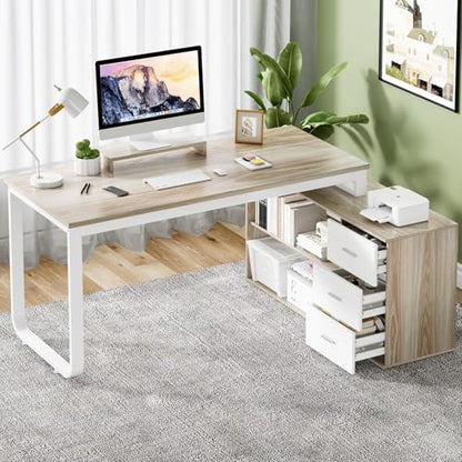 55" L Shaped Desk with Drawers and Shelves, Home Office Desk with Monitor Stand for Work Writing Study, Reversible Corner Desk with Storage, White and Walnut