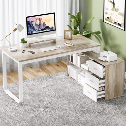 55" L Shaped Desk with Drawers and Shelves, Home Office Desk with Monitor Stand for Work Writing Study, Reversible Corner Desk with Storage, White and Walnut
