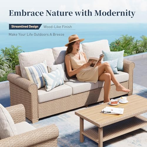Patio Furniture Set 4 pcs, Wicker Rattan Sofa with 5.5” Thick Waterproof Cushions, 2 Chairs and Coffee Table, All Weather Outdoor Conversation Set for Backyard Deck, 5 Seats Beige