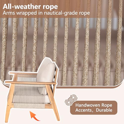 Lorna 4-Seater Patio Furniture Set with Removable Cushion, 4 Piece Outdoor Acacia Wood Conversation Set, Sold Wood Outdoor Sectional Sofa Set with Coffee Table, Teak+Beige