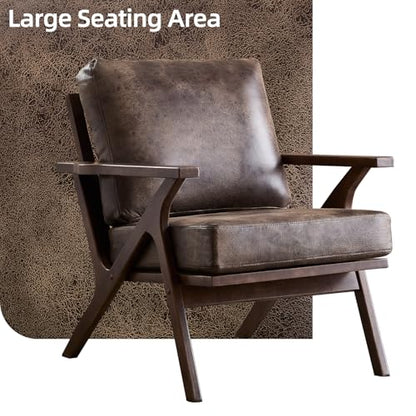 Mid-Century Modern Accent Chair with Wood Frame, PU Leather Living Room Chair and Soft Thick Padded Armchair for Living Room Bedroom Reception with Removable Upholstered Cushions, Dark Grey