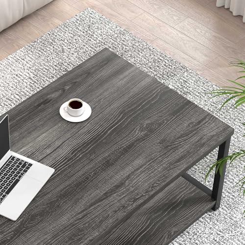 Industrial Coffee Table with Storage Shelf, Modern Rustic Wooden and Metal Rectangle Center Table for Living Room, Dark Gray, 47 Inch