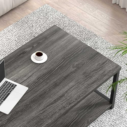 Industrial Coffee Table with Storage Shelf, Modern Rustic Wooden and Metal Rectangle Center Table for Living Room, Dark Gray, 47 Inch