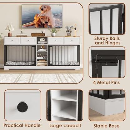 82" Large Double Dog Crate Furniture with Drawers and Shelves, White, view 6