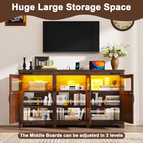 64" Large LED Farmhouse TV Stand for 70/65/60 Inch TVs with Power Outlets, view 6