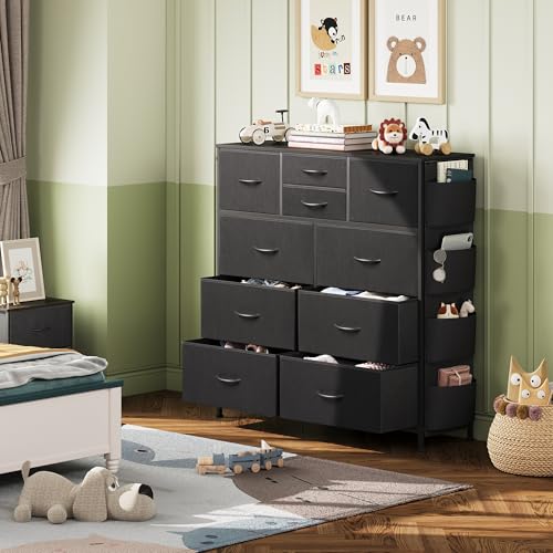10 Drawer Black Fabric Dresser for Bedroom, Side Pocket & Hooks Chest, view 5