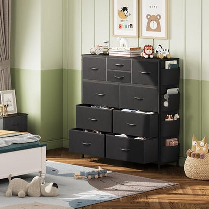 10 Drawer Black Fabric Dresser for Bedroom, Side Pocket & Hooks Chest, view 5
