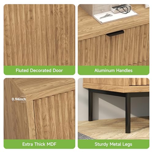 Sideboard Buffet Cabinet with Storage, Modern Fluted Cabinet with 2 Doors 3 Drawers, Coffee Bar Accent Storage Credenza, for Kitchen, Living, Dinning Room, Oak