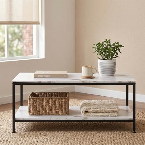 2-Tier Coffee Table with Storage Shelf for Small Apartment Living Room, Rectangle Wood and Stable Metal TV Stand Side End Table, White Marble