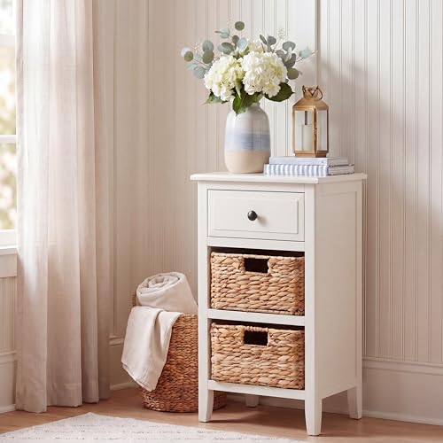 Vintage White Solid Wood Drawer Side Table with Coastal Basket Design, view 3